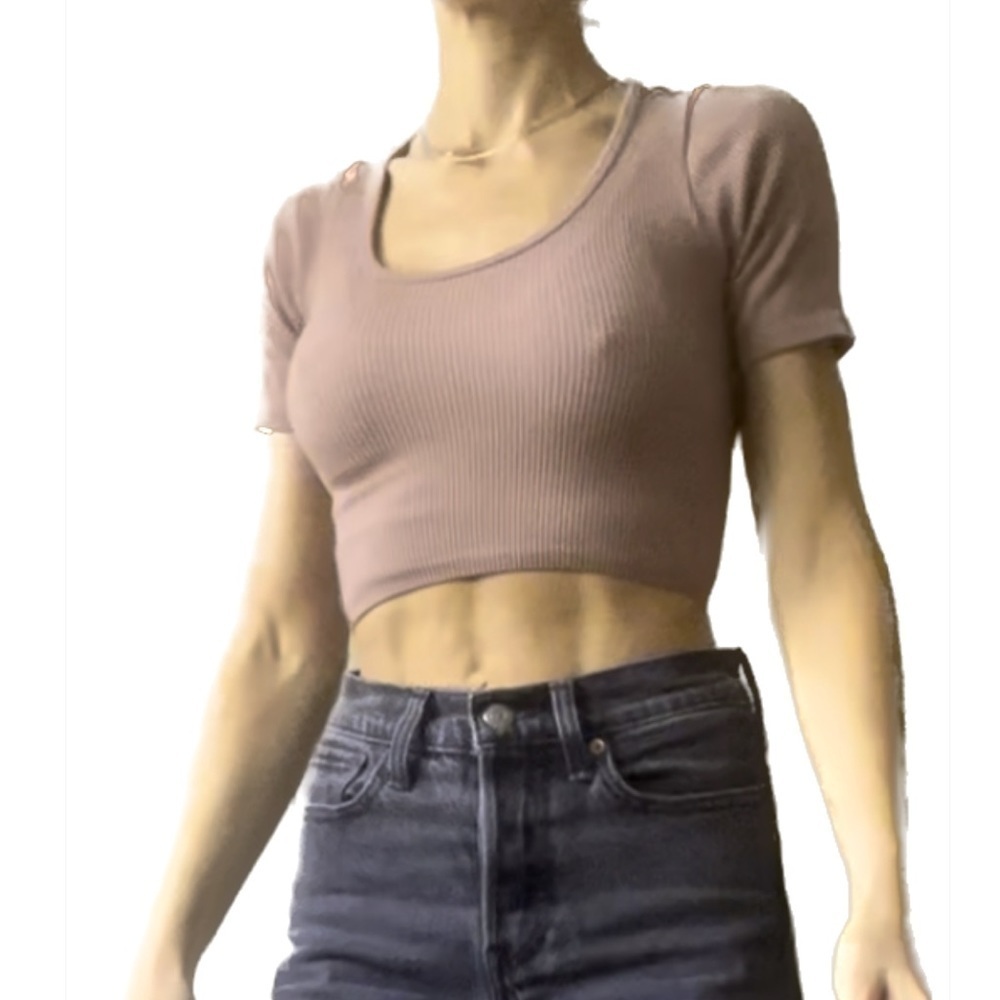 Dusty Rose Ribbed Cropped Short Sleeve Shirt | S